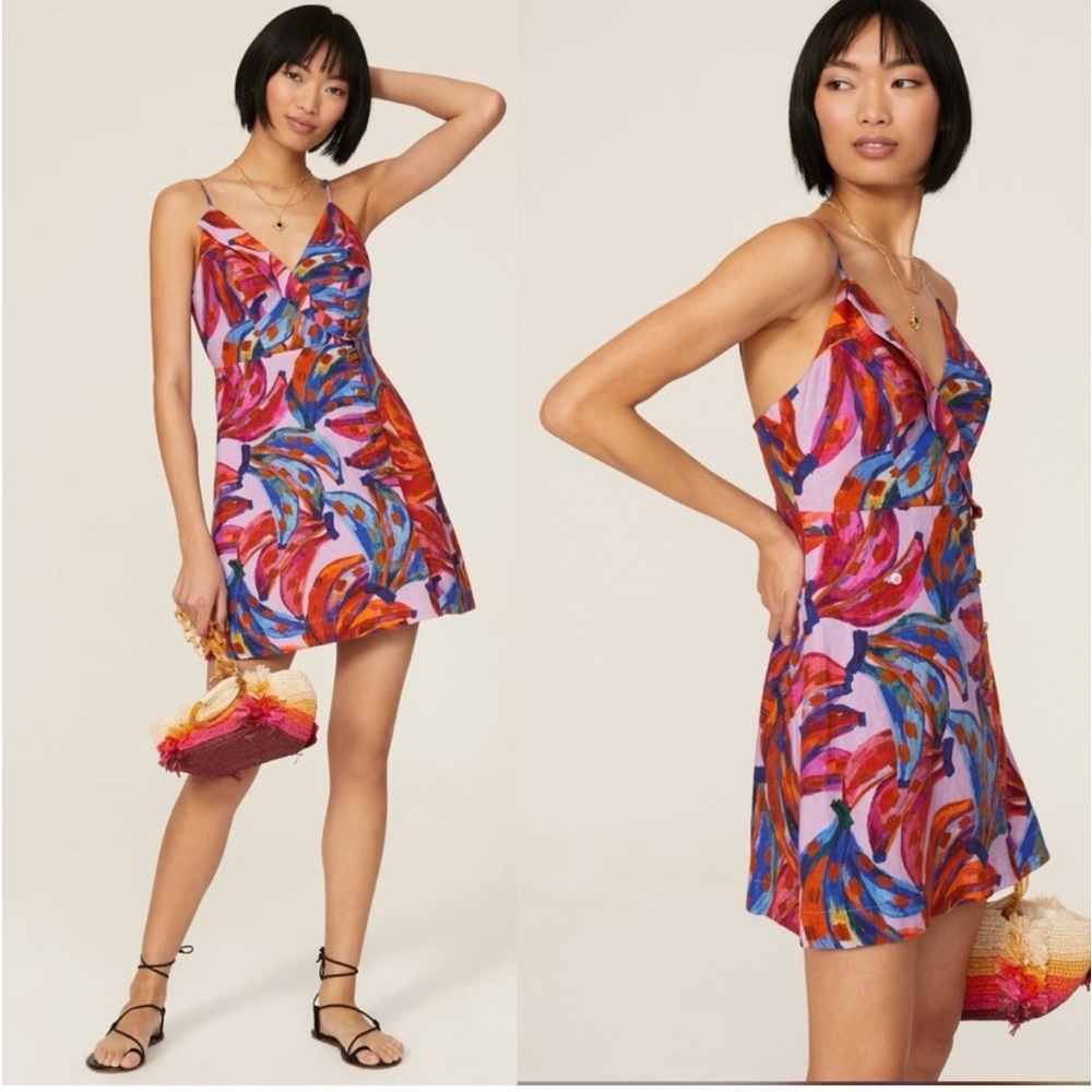 Farm Rio Bananas Mini Dress / Purple Fruit Print Linen V Neck
